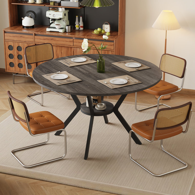 42.5-58.2 Inch Extendable Round Dining Table With Storage Shelf For 4-6 People, Vintage Gray Brown