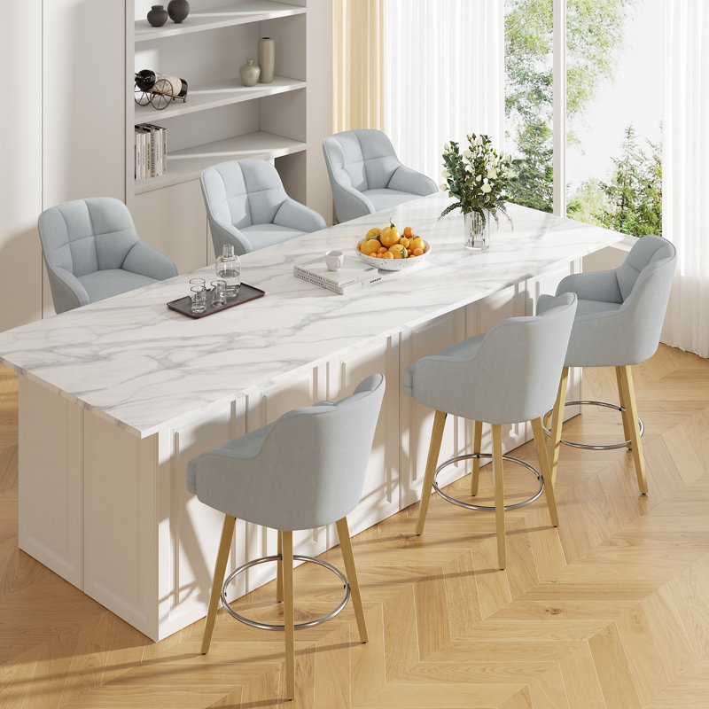 Modern Swivel Bar Stool With Backrest, Armrests And Wood Legs - Counter Height Chair For Kitchen Island, Gray, 4