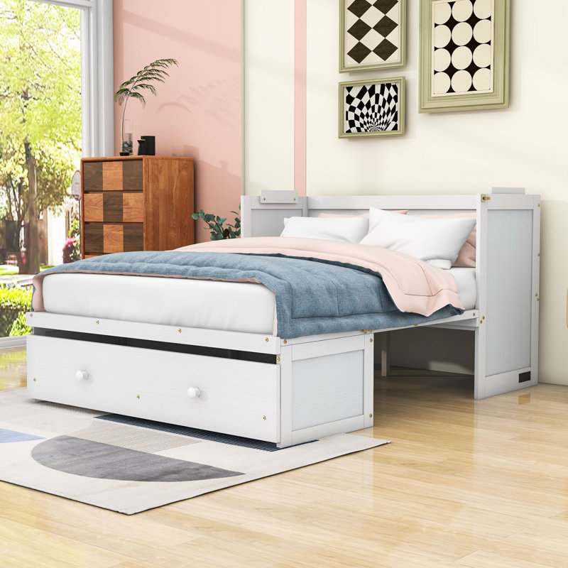 Lit escamotable en bois avec port USB et tiroir, Double, White