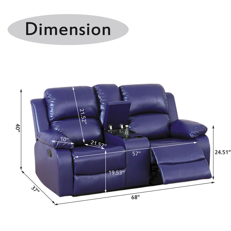 68" Wide Breathing Leather Manual Reclining Loveseat Sofa, 2-seater Recliner Couch With Storage & Cup Holder, Blue