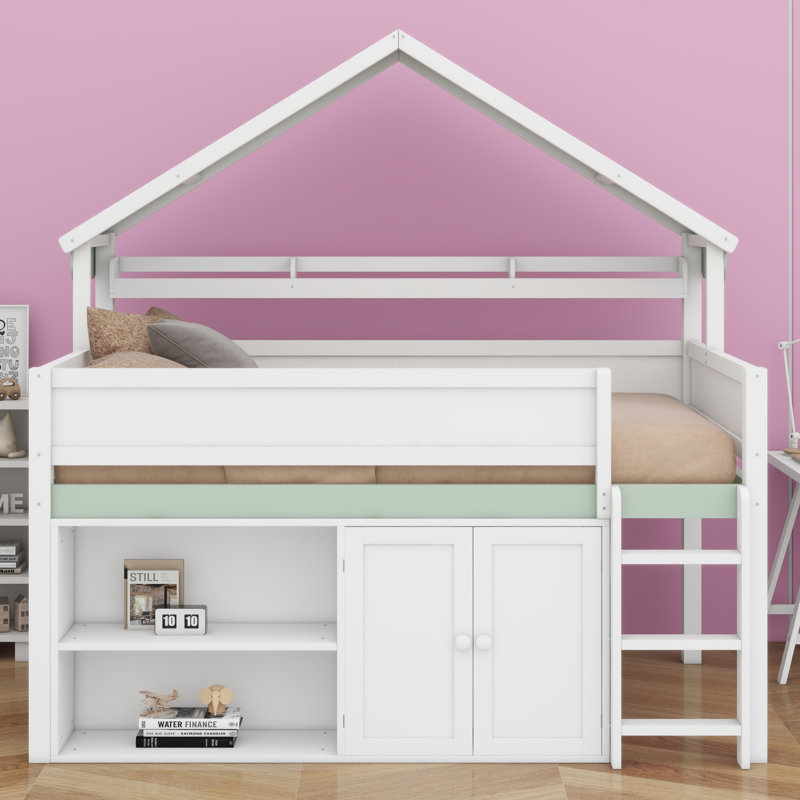 Lit mezzanine avec armoire de rangement spacieuse Dreamy, Blanc et vert