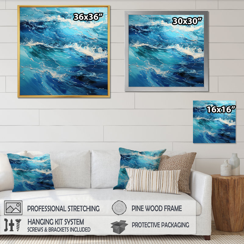 Teal White Ocean Serenade Pointillism II - Nautical & Beach Canvas Print, H 30 po x l 30 po x P 1 po, Cadre flottant blanc