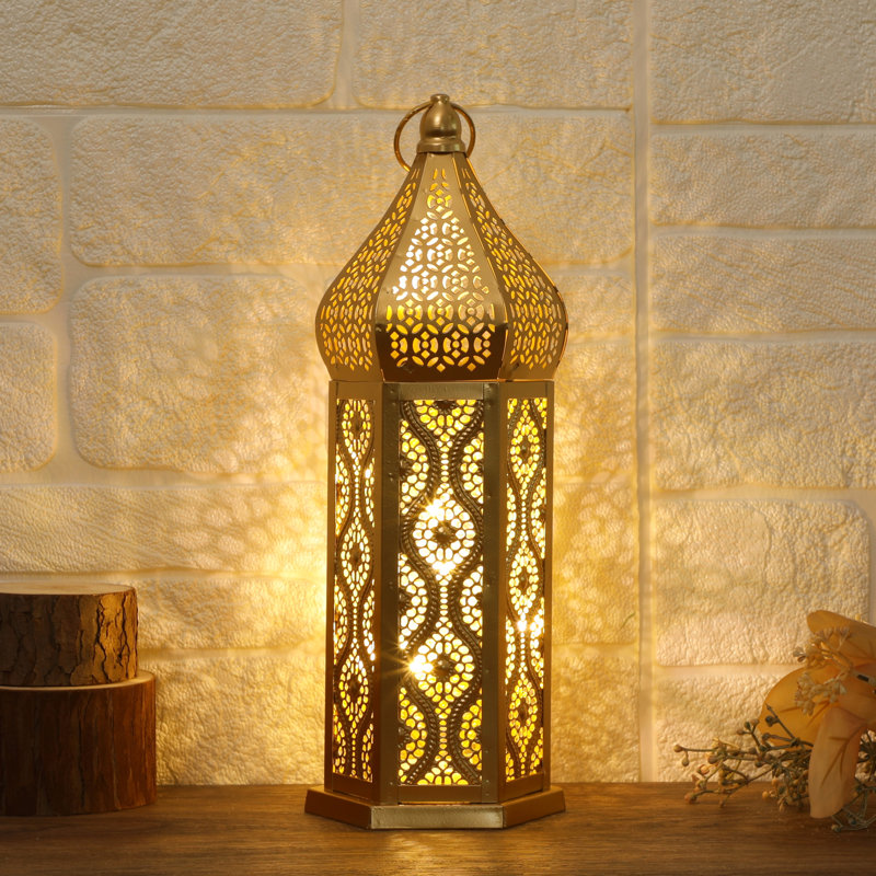 Temple marocain de style marocain, lanterne creuse en fer, lampe de Ramadan rétro, ornements de lumières suspendus, métal à piles pour la décoration intérieure de la table
