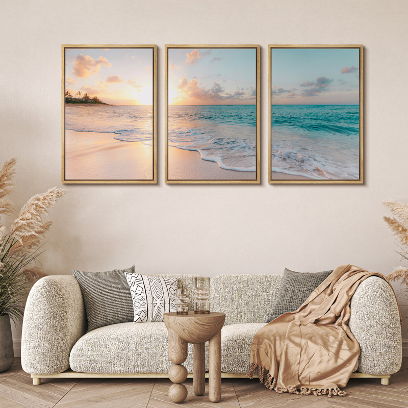 Aesthetic Sunset on Teal Ocean Coastal Beach Shore Framed Canvas 3 Pieces Print Triptych Wall Art, 36" H x 72" W