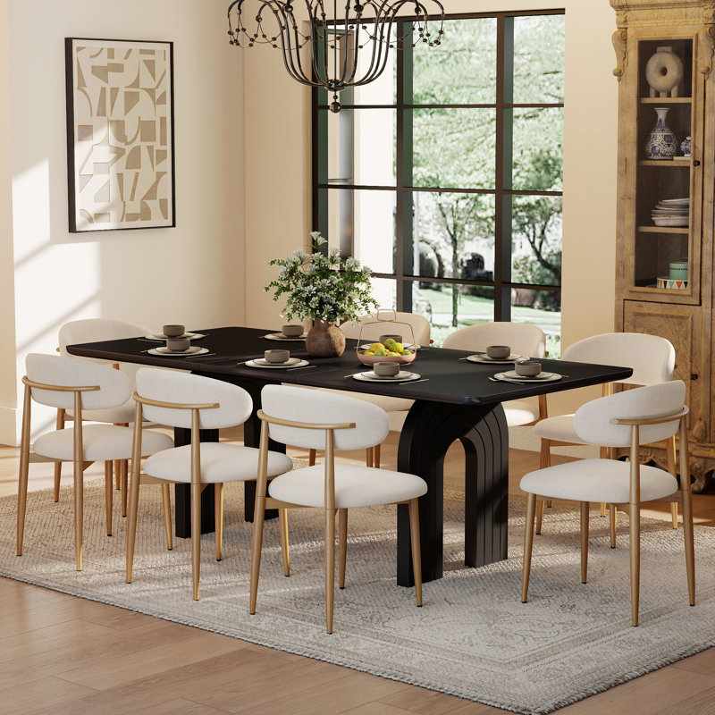 Ensemble de salle à manger rectangulaire de style milieu du siècle, table en MDF divisée en 3 parties avec pieds arqués cannelés et chaises de salle à manger en lin