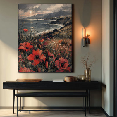 Très grand reproduction d'art sur toile - Champ de coquelicots côtier avec vue sur l'océan, falaises rocheuses et ciel rose orange dramatique inspiré de la nature pour le salon ou la chambre à coucher - «Assemblage requis du cadre (cadre non fini)»