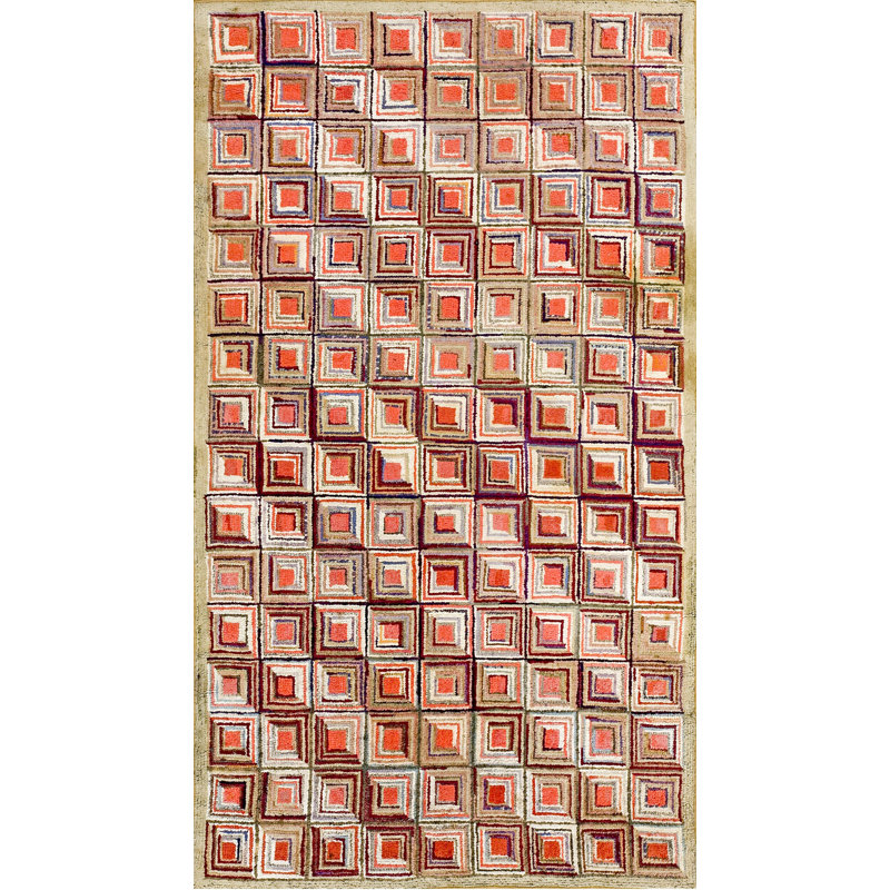 Antique American Folk Art Geometric Log Cabin Squares Design Hooked Rug