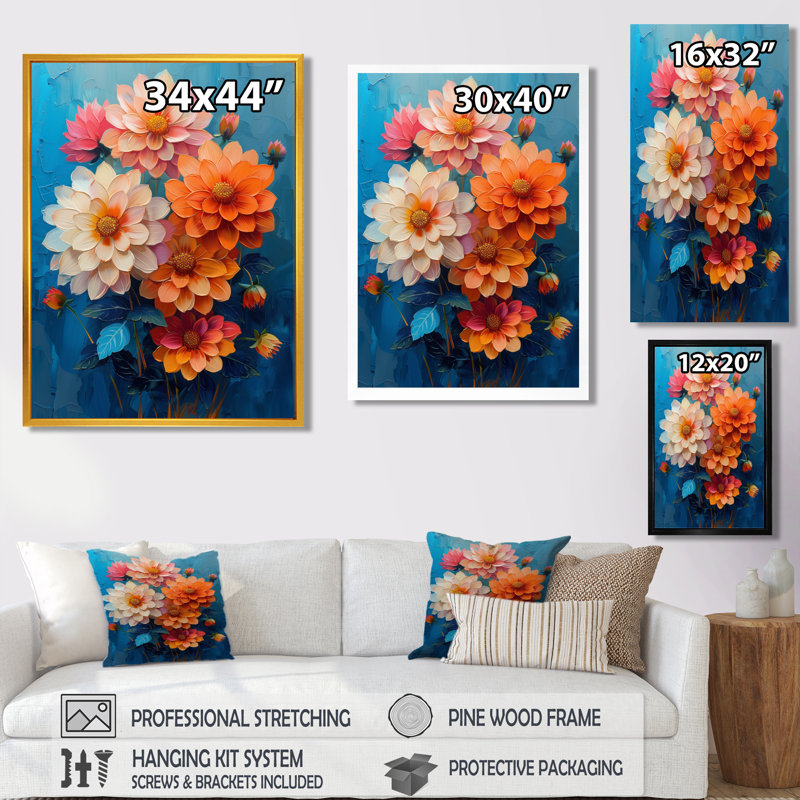 Dahlia mauve orange sur fond bleu III - Dahlia Wall Art Living Room, Toile tendue, H 20 po x l 12 po x P 1 po