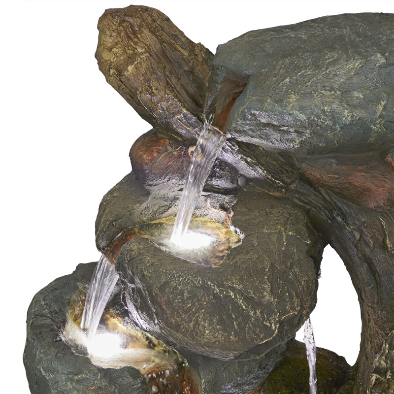 Cascading Rock and Tree Trunk Fountain with LED Lights