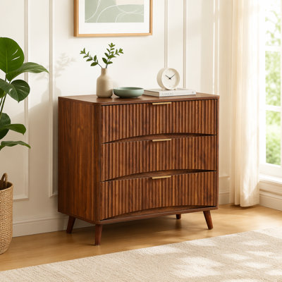 Fluted 3 Drawer Dresser Set of 2, Mid-Century Modern Tall Chest of Drawers with Vertical Grooved Design, Solid Wood Storage Cabinet with Metal Handles