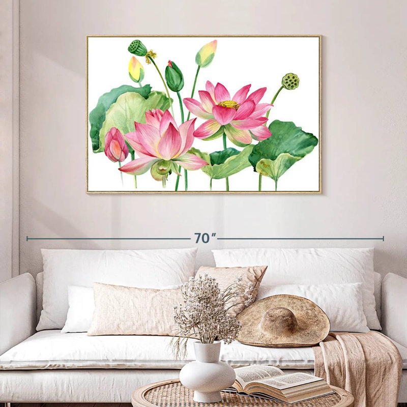 Grappe de lotus rose, Cadre flottant en bois naturel, 46 po x 31 po