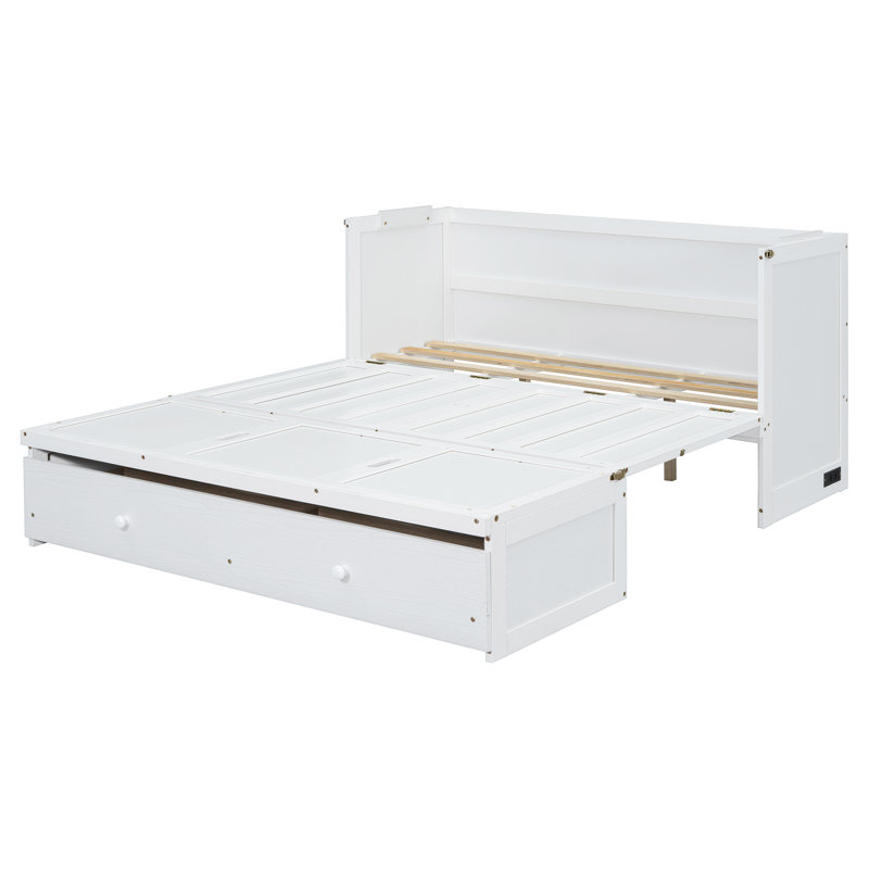 Lit escamotable avec port USB et grand tiroir, Lit double, Blanc