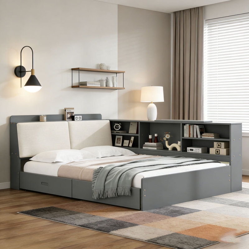 Wood Twin Size platform bed with Storage Headboard, Gray, Full