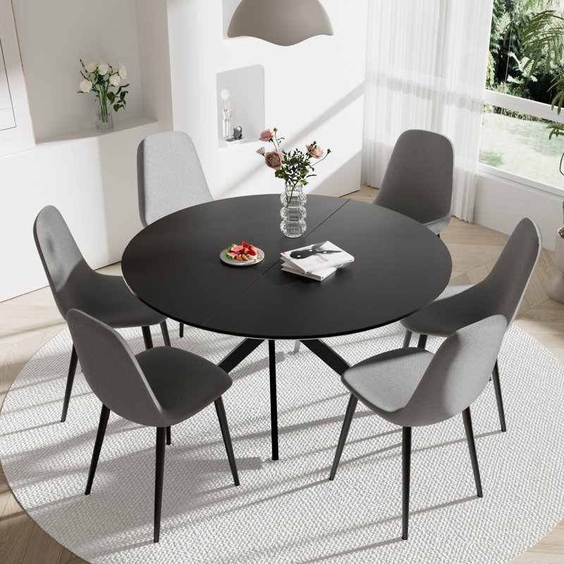 Ensemble de salle à manger rond 47 po, Gris foncé, 7, Noir, noir, noir, noir