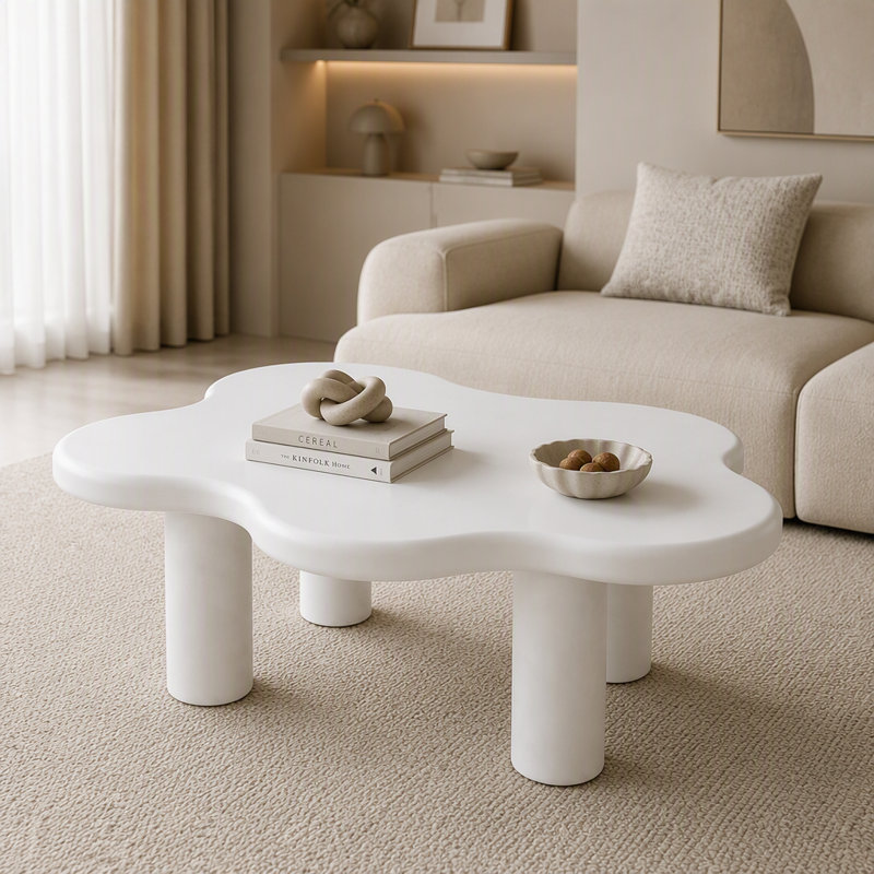 Table basse nuage en loupe de 101,6 cm (40 po) avec 4 pieds ronds, table basse moderne à profil bas, table centrale irrégulière unique pour salon