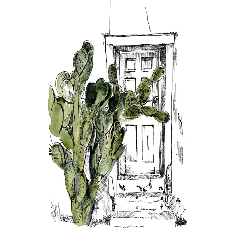 «Cactus Door III» par Jennifer Paxton Parker - peinture sur toile tendue, H 18 po x l 12 po