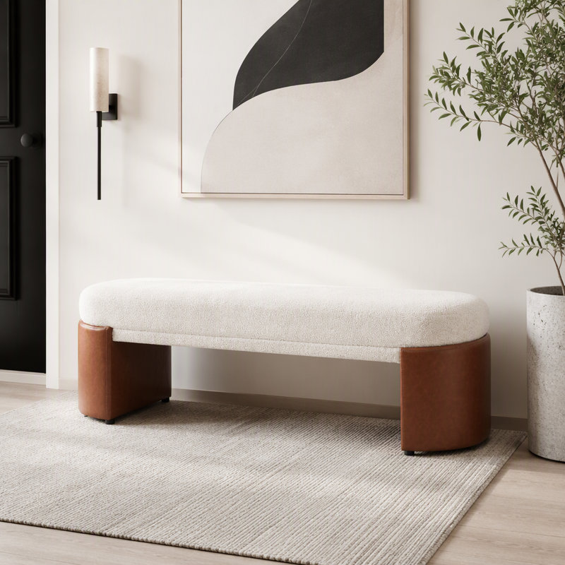 Banc de salle à manger rembourré, structure en caoutchouc et contreplaqué, Beige-Boucle - L 62,83 po