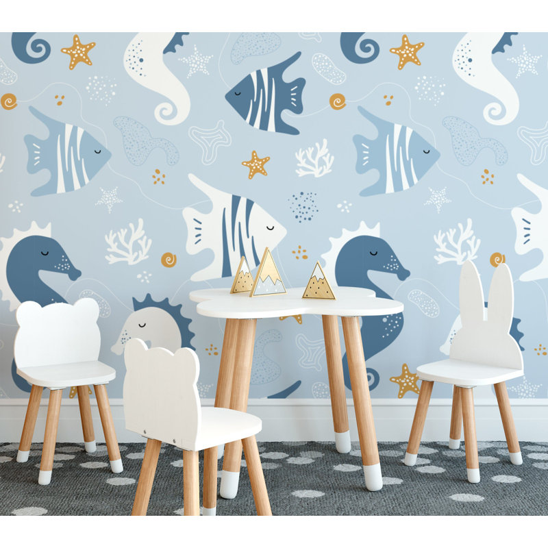 Papier peint amovible avec créatures sous-marines et hippocampes, L 98,04 po x l 150 po