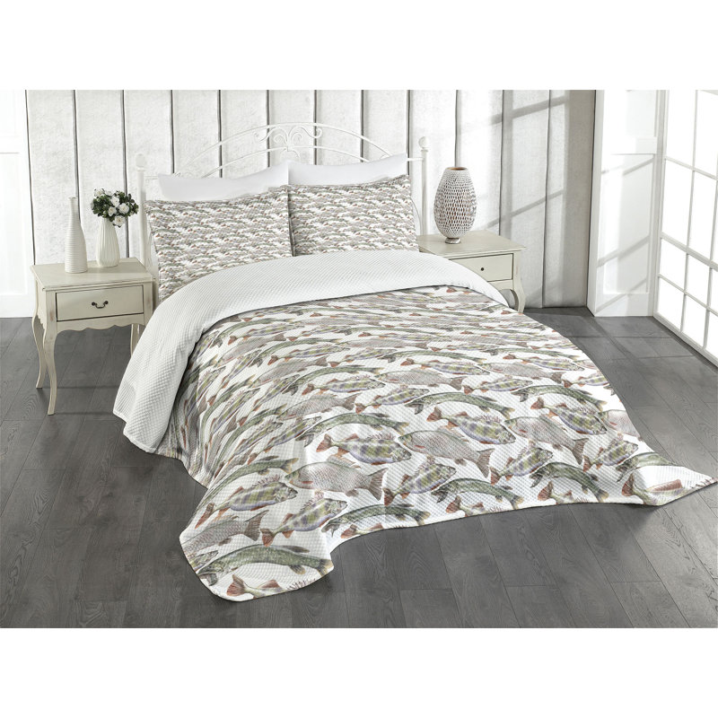 White Quilted Queen Bedspread Set with Fish Design
