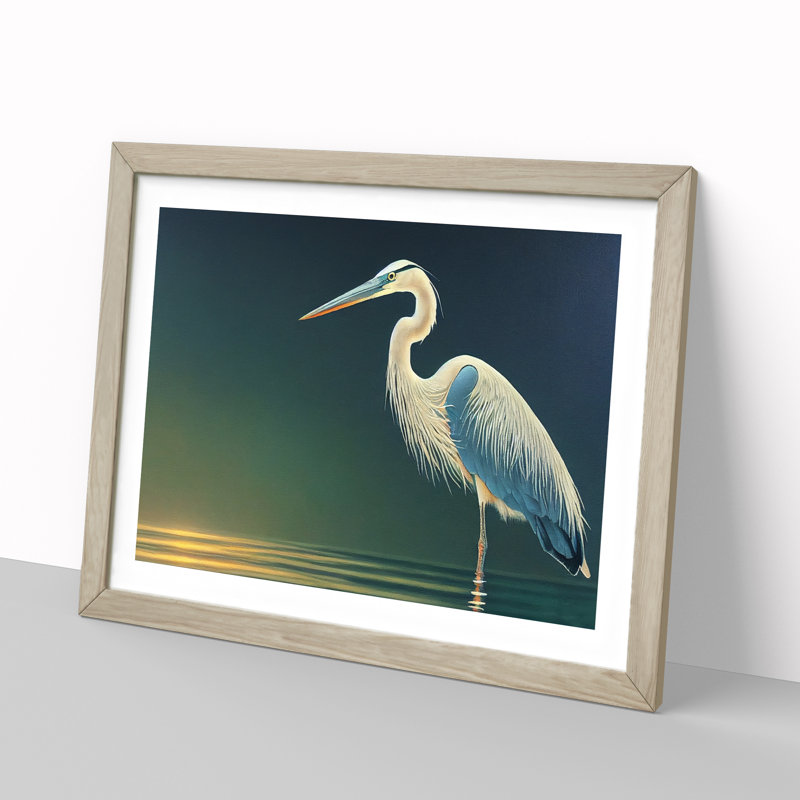 Attractive Heron Bird - Single Picture Frame Print, 25cm H x 34cm W x 2cm D, Oak