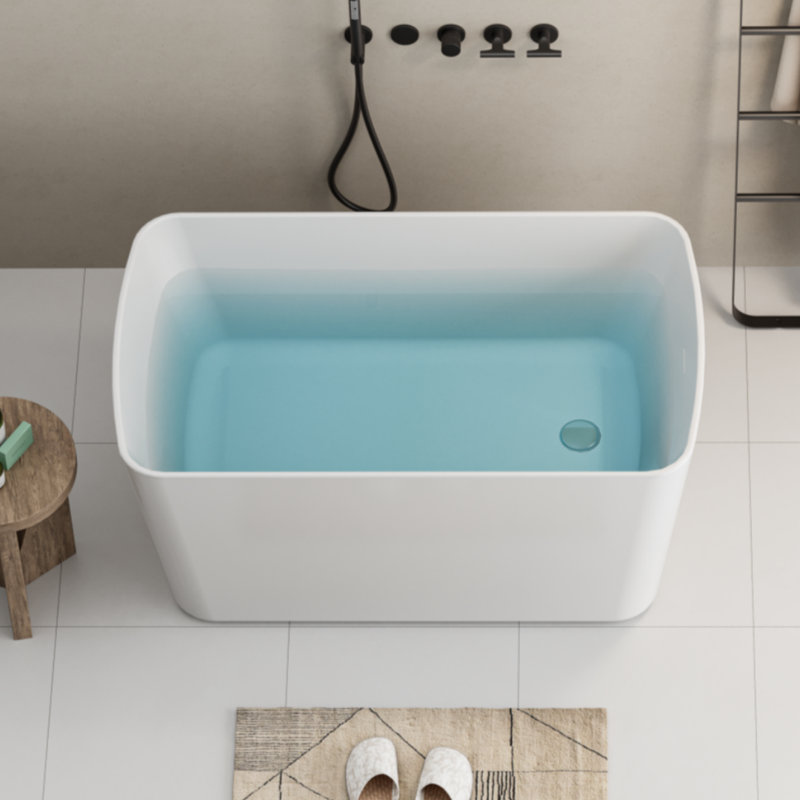Baignoire de trempage autoportante 49 po en acrylique, spa japonais de forme carrée, trop-plein chromé et drain rapide, blanc