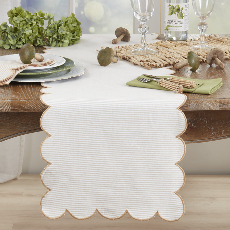 Chemin de table en coton naturel rayé festonné l 16 po x L 72 po, Naturel