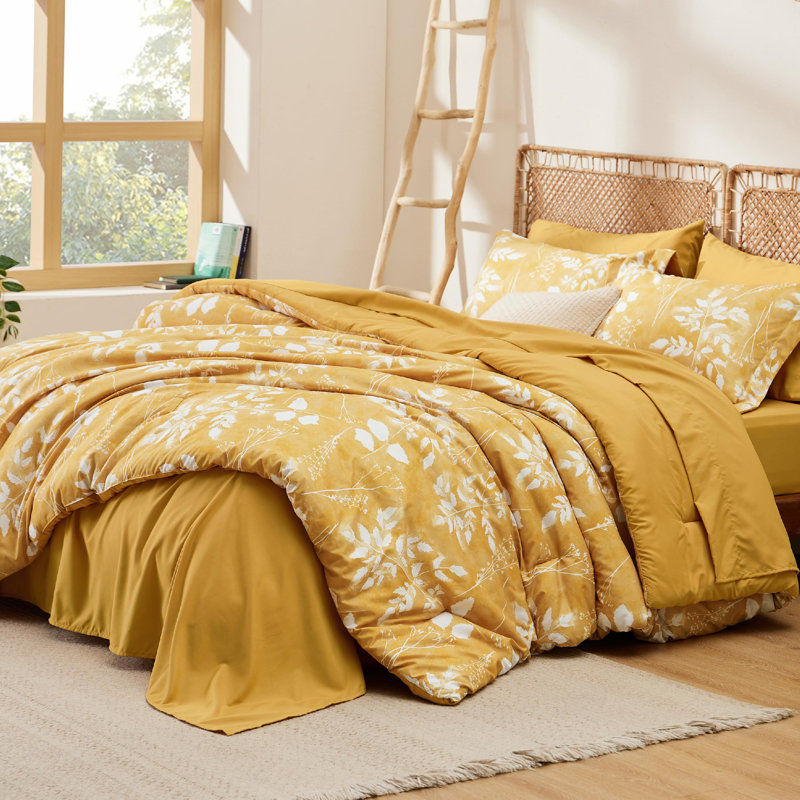 Bedsure Bed in a Bag - Reversible Floral & Plant Pattern Printed with Comforters, Sheets, Pillowcases & Shams, 89GSM, Yellow