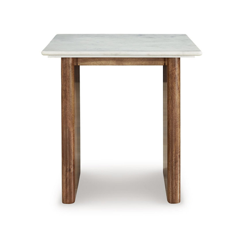 Light Brown and White Mango Wood End Table with Marble Top