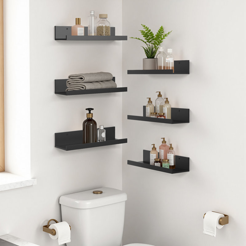 Set 6 Floating Wall Mounted Wooden Shelves, Shelves For Wall Decor, Black, Black