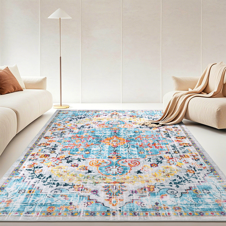Non-Slip Machine Washable Red/Teal/Gray Oriental Area Rug