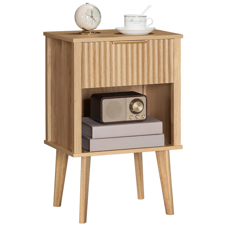 24" Fluted Nightstand with Drawer & Open Cubby,Wood nightstand, Natural