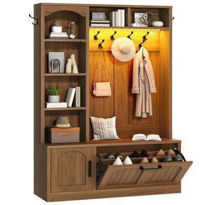 Hall Tree with Bench and Shoe Storage with 6 Open Cubbies, 9 Hooks, Cabinet, 2-Tier Shoe Rack, Adjustable Shelves, and LED Lighting, for Entryway or Living Room