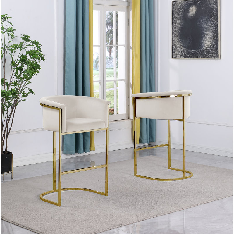 Tabouret de comptoir 24 po Maheer en velours et base chromée (chaise simple), Crème, Or