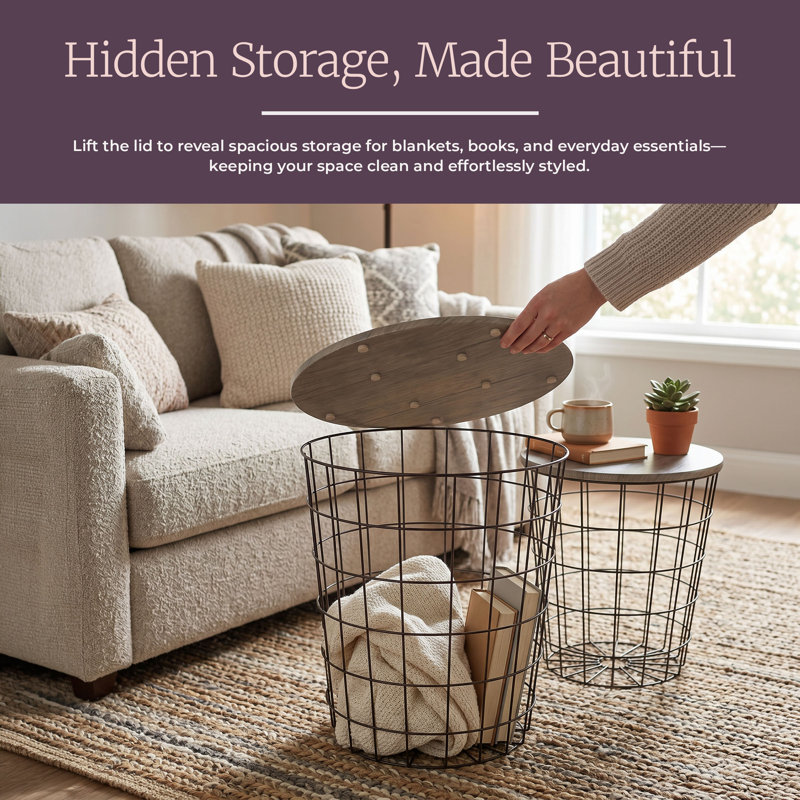 Lavish Home Nesting End Tables Set of 2 with Storage Baskets, Gray, Gray