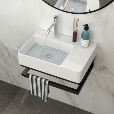 23.55"X16.5" Rectangular White Ceramic Bathroom Sink With Corrosion - Black Towel Bar, Practical Design Wall Mounted Faucet Hole And Smooth Surface For Easy Cleaning