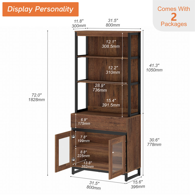 Buffet moderne de 72 po de hauteur avec tiroirs et tablettes ouvertes, armoire de rangement et tablettes de présentation, buffet en bois pour la salle à manger ou la cuisine