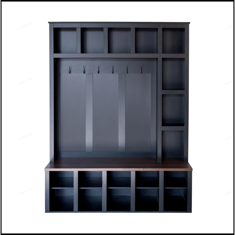 Portemanteau polyvalent en bois avec crochets, tablettes réglables et banc de rangement pour vestibules organisés, Noir