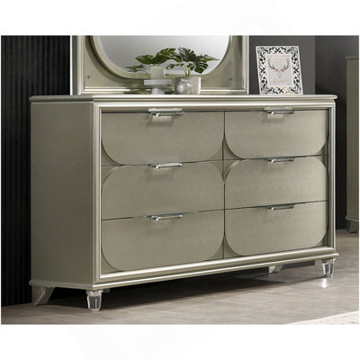 Contemporary Silver 1Pc Dresser Acrylic Handles Embossed Panels English Dovetails 6-Drawers Dresser