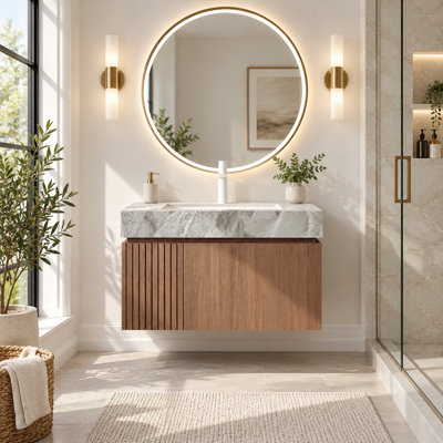 Meuble-lavabo moderne de 30 po avec lavabo en céramique, meubles-lavabos en bois brun avec rangement spacieux, pré-assemblé