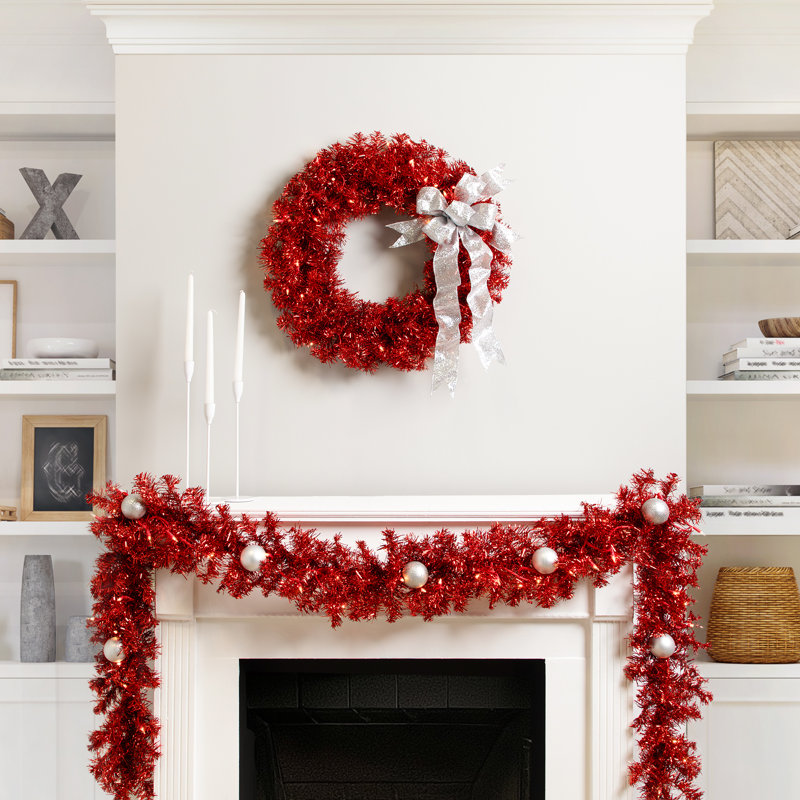 Pre-Lit Artificial Tinsel Christmas Wreath - 24" - Clear Lights, Red