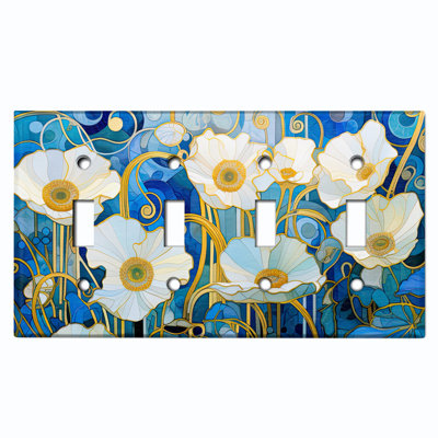 Metal Light Switch Plate Cover; US Standard Size 4 Gang Toggle - White Art Nouveau Flowers