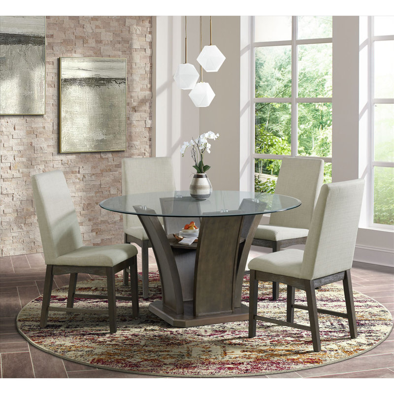 54" Round Gray Wood and Glass Dining Table