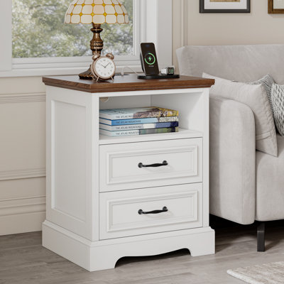 Farmhouse Nightstand with Charging Station, Bedside Table with 2 Drawers for Bedroom Modern End Table Storage Cabinet,Wood Small Dresser Drawer Chest for Small Place