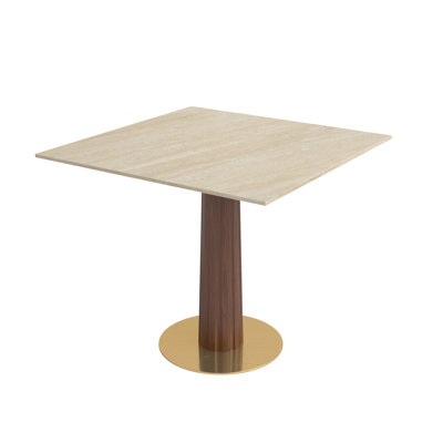 Table de salle à manger moderne carrée, table en pierre grotte 33,5 po avec pieds en bois et base dorée, table de cuisine pour 2 personnes pour petit espace, capacité de poids de 150 lb
