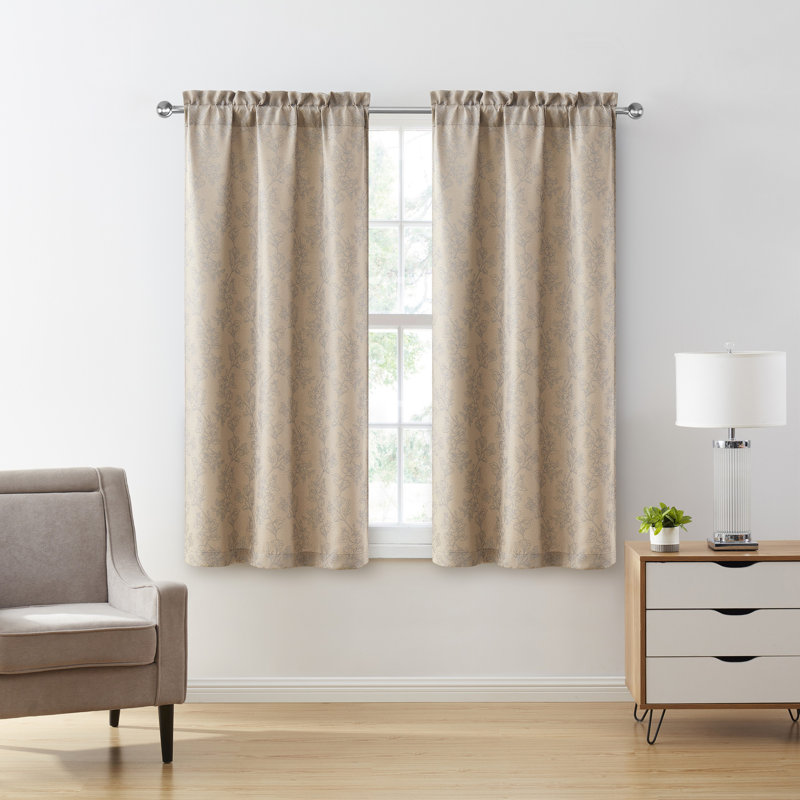 Carmen 2-Piece Floral Rod Pocket Curtain Panel Set, 38" W x 63" L, Beige
