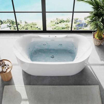 71” Acrylic Freestanding Bathtub with Air Bubble Jets – White Stand Alone Soaking Tub with Manual Spa Control & Deep Massage for Main Bathroom