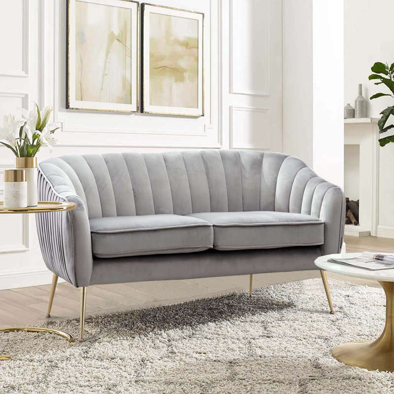 Velvet Sofa Couch With Gold Finished Legs, Gray