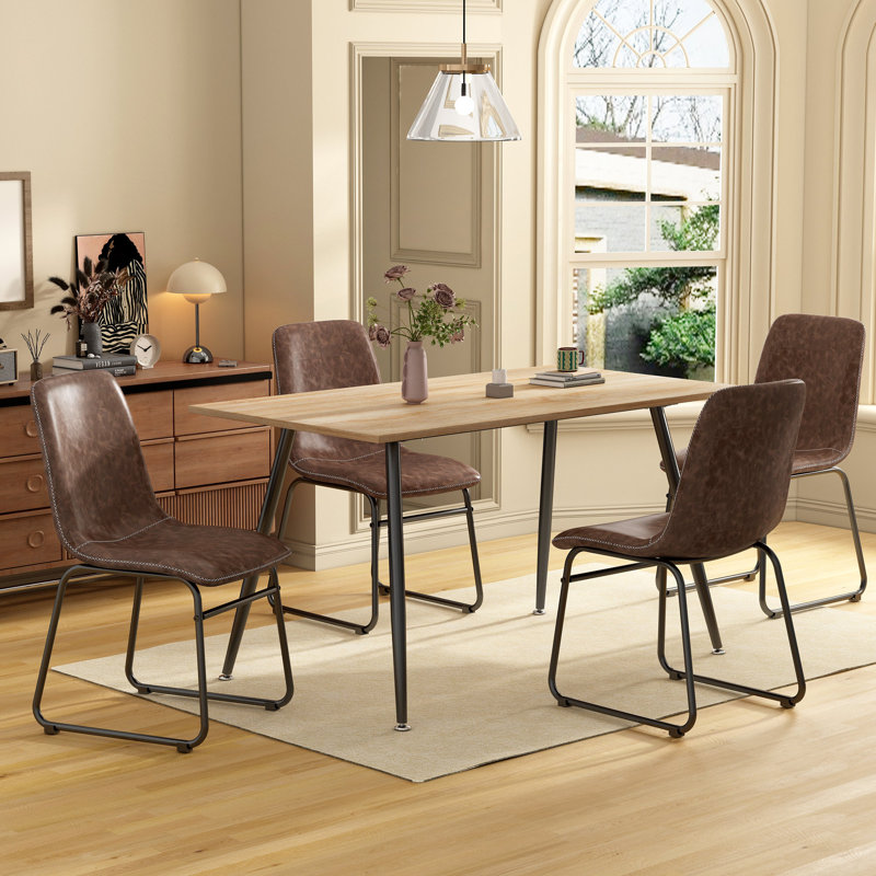 Ensemble de salle à manger 5 pièces avec plateau rectangulaire en bois et 4 chaises d'appoint rembourrées, Brun, Naturel