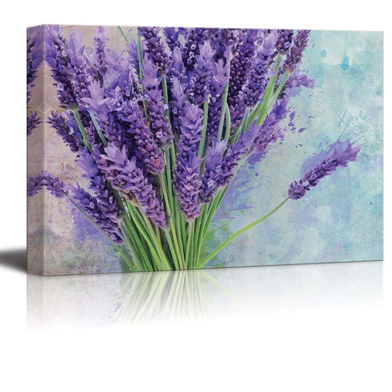 Bouquet de fleurs mauves reposant sur une aquarelle, H 16 po x l 24 po x P 1,5 po
