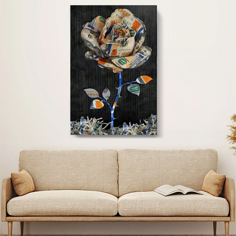 Collage de billets de banque « Rose et Argent » - Impression d'art mural sur toile tendue sur châssis, 91,4 cm (H) x 61 cm (L), prête à être accrochée pour la maison, le bureau, le salon ou la chambre.